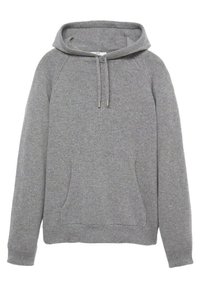 Szara bluzka z kapturem z kieszenią typu kangur, wykonana z miękkiego materiału, z regulowanym sznurkiem i ściągaczami przy rękawach.