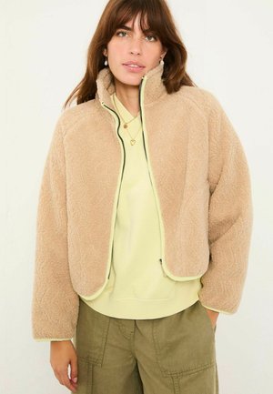 Beige Kunstpelzmantel mit cropped Design, Reißverschluss und kontrastierendem hellgrünem Besatz. Getragen über einem hellgelben Oberteil und olivgrünen Hosen.