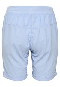 Lyseblå bomulds shorts med en sammensnurreret elastisk talje, oprullede manchetter og subtil tekstur. Har syet detaljer langs sømmene.