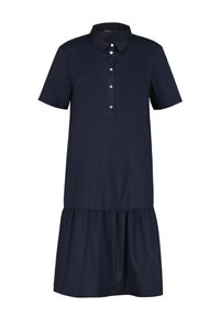 Donkerblauw korte mouwen jurk met een kraag, knoopsluiting en een geplooide laag aan de zoom. Gladde stof en eenvoudig ontwerp.