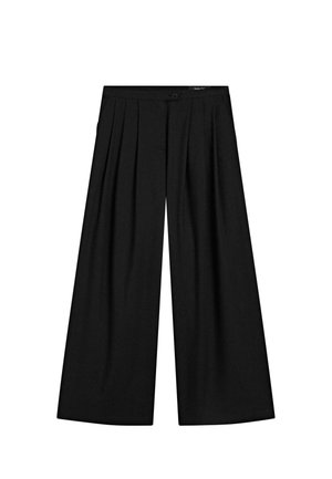 Sorte bredbenede cropped bukser med forreste læg og knaplukning i linningen.