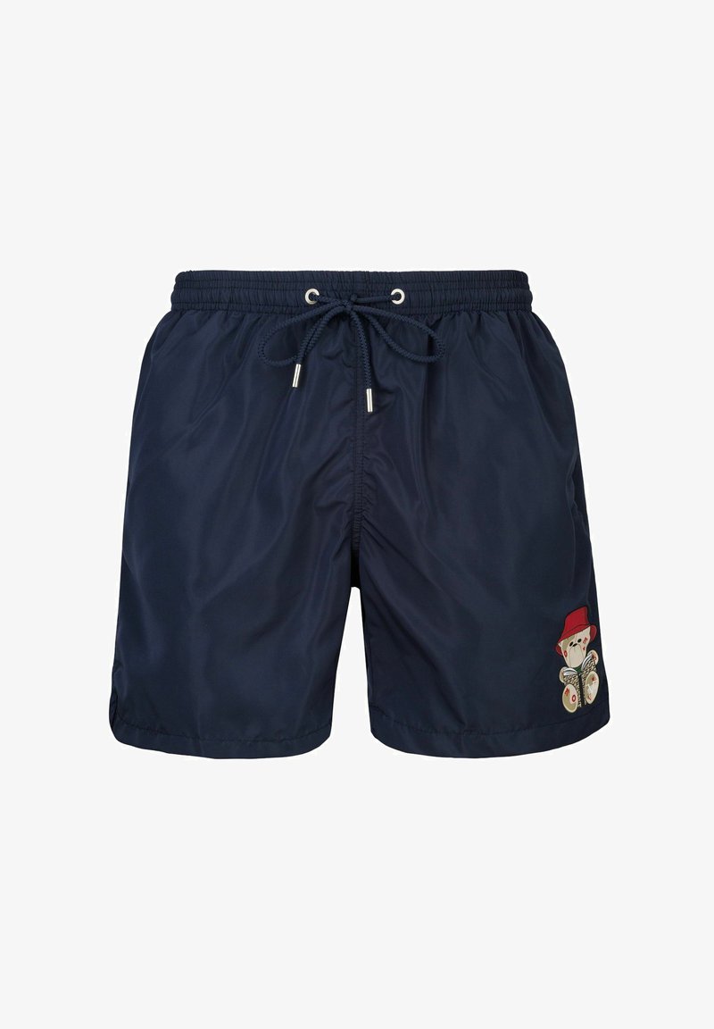 Marineblaue Schwimmshorts aus leichtem Material, mit einem gestickten Bären in rotem Hut, der auf dem linken Bein ein Buch hält.