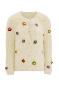 Faux-Fur-Cardigan in Creme mit weicher Textur. Verfügt über mehrfarbige gestickte Blumen und Perlmuttknopf-Verschlüsse an der Vorderseite.