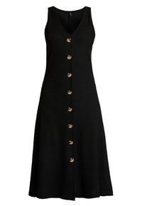 Schwarzes geripptes Kleid mit V-Ausschnitt, ärmellosem Design und einer durchgehenden Knopfleiste mit acht runden, hellen Knöpfen. A-Linie Form.