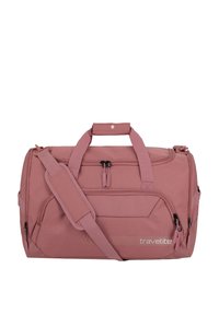 Rosa Reisetasche aus strukturiertem Stoff, ausgestattet mit zwei oberen Griffen, einem abnehmbaren Schultergurt und mehreren Reißverschlussfächern.