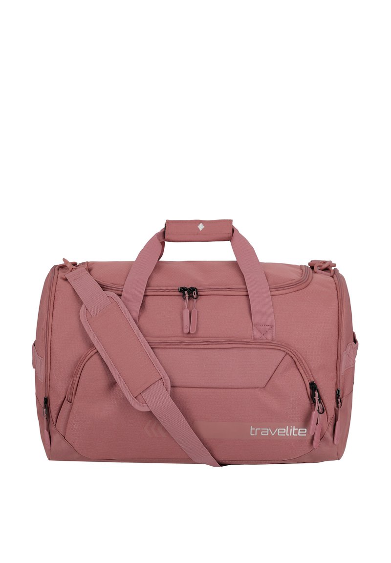 Rosa Reisetasche aus strukturiertem Stoff, ausgestattet mit zwei oberen Griffen, einem abnehmbaren Schultergurt und mehreren Reißverschlussfächern.