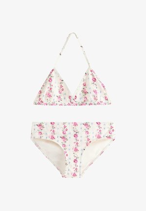 Hvid bikini sæt med pink blomsterprint, trekants halter top og matchende højtaljede underdele på en hvid baggrund.