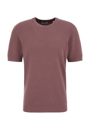 Pull en maille mauve à manches courtes avec col rond et motif texturé sur le tissu.