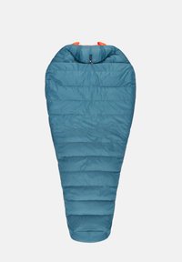 Tropfenförmiger blauer Schlafsack mit einer orangefarbenen Kapuze, gesteppter Textur und einem zentralen Reißverschluss. Leichtes Material, das für Wärme sorgt.