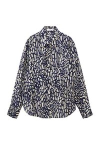 Chemise à manches longues avec motif abstrait tacheté bleu marine et blanc, col classique.
