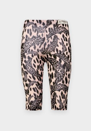 Schwarze und beige Leggings mit einem Leopardenmuster und geschwungenen Designs. Hergestellt aus elastischem Material, das für Komfort und Passform sorgt.