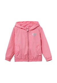 Rosa Kapuzenshirt aus leichtem, glänzendem Stoff. Verfügt über einen Frontreißverschluss, zwei seitliche Taschen und ein kleines gedrucktes Herz-Logo.