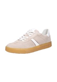 Wildleder-Sneaker in hellbeige mit weißen Lederakzenten. Ausgestattet mit einer strukturierten Gummisohle, Schnürdesign und eleganten Seitenstreifen.