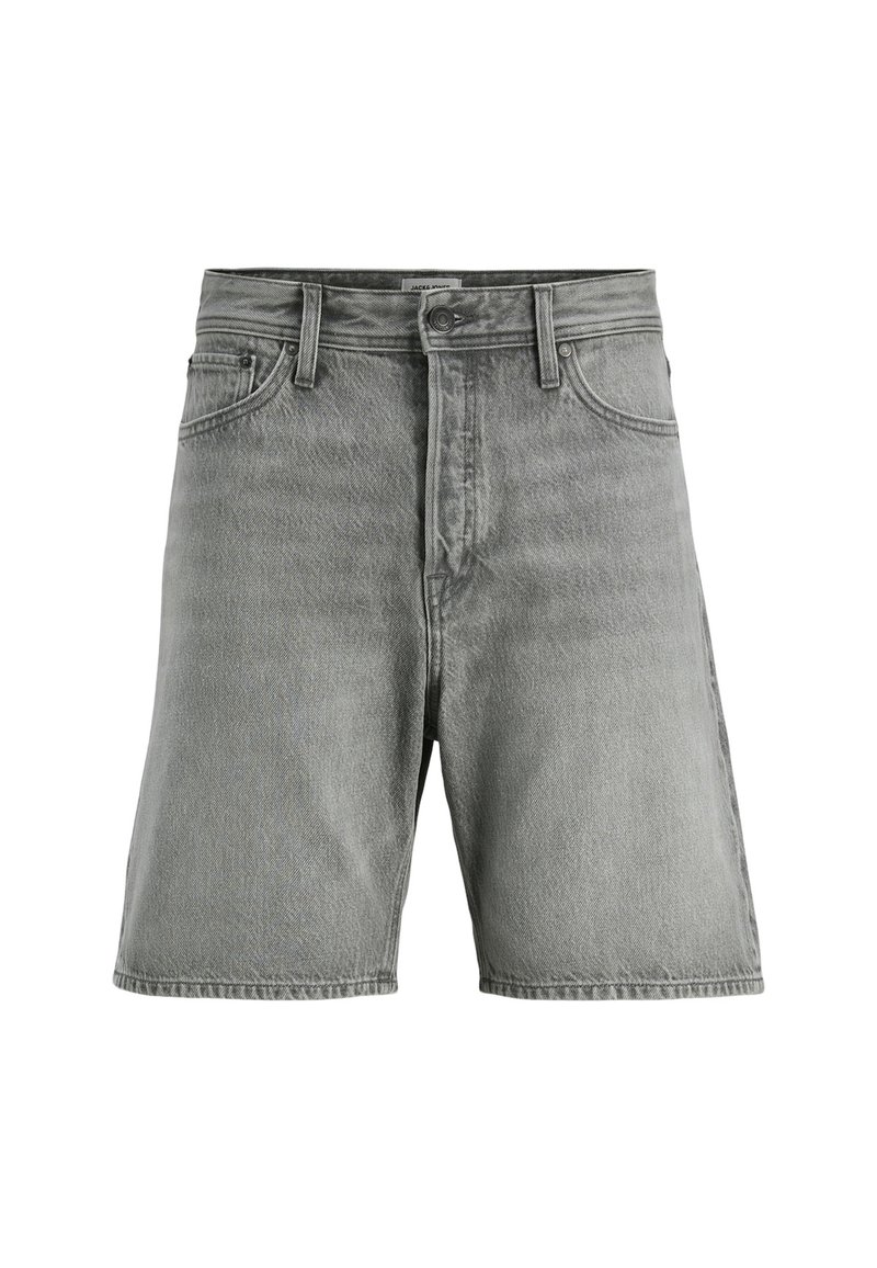 Grå denimshorts med femlommerdesign, lynlås og bæltestropper. Stoffet har en let slidt tekstur.