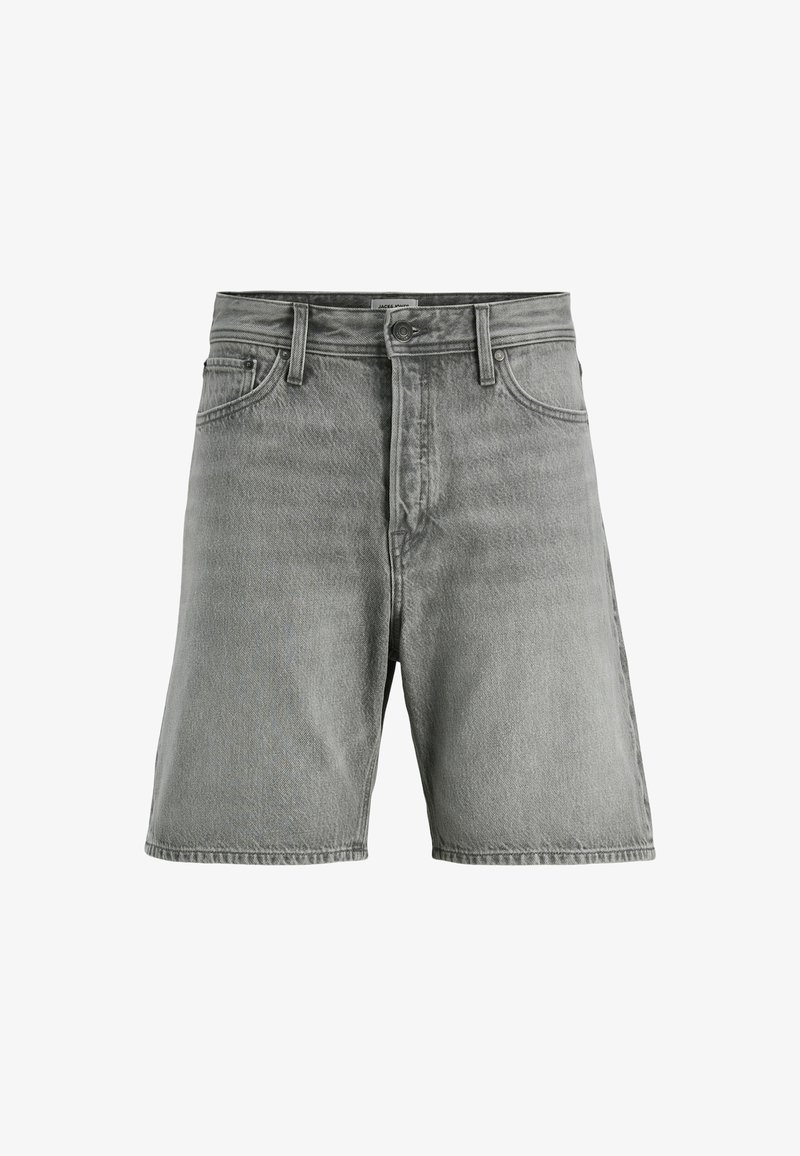 Grijze denim shorts met een vijf-pocket ontwerp, ritsluiting en riemlussen. De stof heeft een ietwat versleten textuur.