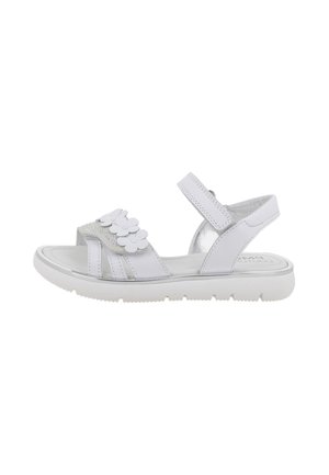 Sandalo bianco per bambini con tallone chiuso, cinturino in velcro, applicazioni floreali sulla fascia frontale e suola spessa.