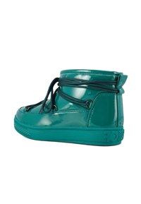 Teal high-top sneakers made of glossy synthetic material with a padded collar, lace-up design, and textured outsole.