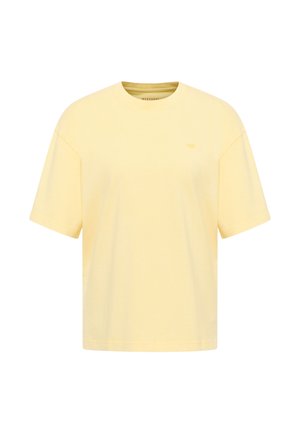 Yellow short-sleeve t-shirt with a round neckline and a small, subtle embroidered logo on the left chest.