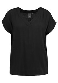 Top negro de manga corta con escote en V, fabricado en una tela ligera, con un corte holgado y una textura suave.