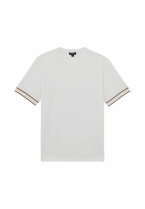 Tricou alb din bumbac, cu mâneci scurte și dungi maronii la manșete. Design curat, cu decolteu rotund și fără modele.