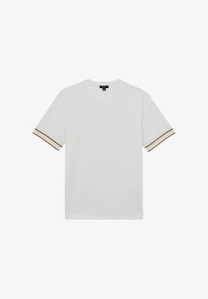 Biała bawełniana koszulka z krótkimi rękawami, posiadająca brązowe paski przy mankietach. Czysty design z okrągłym dekoltem i bez wzorów.