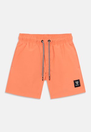 Calções de banho laranja com cintura elástica e cordão. Apresenta um patch preto com a marca no lado inferior esquerdo. Textura suave.