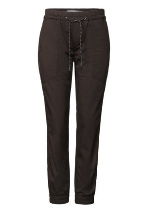 Pantalon décontracté marron foncé avec taille élastique, cordon de serrage, poches avant et poignets élastiques aux chevilles, conçu pour le confort et un usage quotidien.
