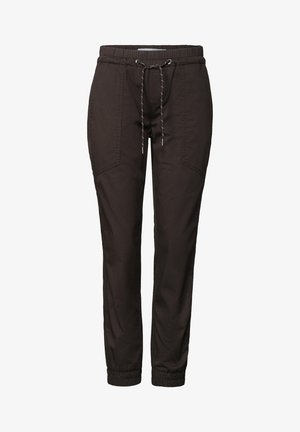 Pantalon décontracté marron foncé avec taille élastique, cordon de serrage, poches avant et poignets élastiques aux chevilles, conçu pour le confort et un usage quotidien.