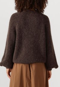 Bruine, pluizige gebreide trui met een ronde hals en ballonmouwen, gecombineerd met een beige rok. De textuur lijkt zacht en gezellig.