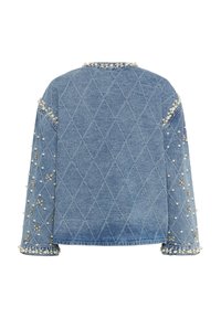 Denim jacket featuring a diamond quilt pattern, embellished with pearls and metallic accents on the sleeves and collar. Blue color, relaxed fit.