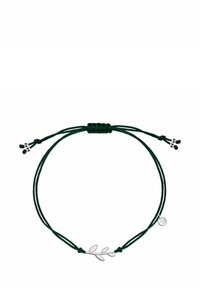 Zielona bransoletka z sznurków ma w centralnej części srebrny metalowy motyw liścia oraz regulowane węzły z małymi srebrnymi akcentami na końcach.