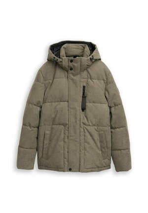 Padded hooded jacket v olivové barvě, s předním zipem, patentkami, dvěma bočními kapsami a hladkým černým vnitřním podšívem.