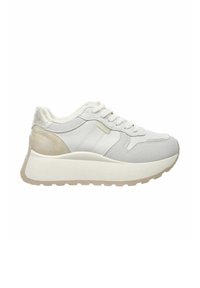Białe sneakersy z teksturowanej skóry i miękkimi akcentami, z wyraźną podeszwą, zaokrąglonym kształtem oraz kontrastowym detalem pięty w subtelnym odcieniu.