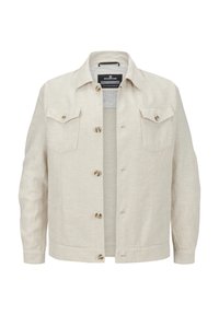 Helle beigefarbene Leinenjacke mit Knopfverschluss, zwei Brusttaschen und einem Kragen. Verfügt über flache Nähte und mittellange Ärmel.
