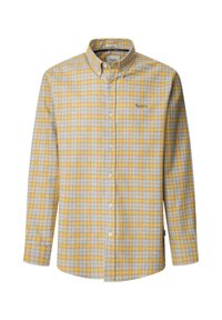 Geel en grijs geruite long-sleeve shirt van geweven stof, met een button-down kraag en geborduurd logo op de borst.