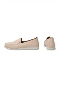 Hellbeige Slippers aus glattem Leder mit einer strukturierten Akzentuierung an der Seite und einer weißen Gummisohle.