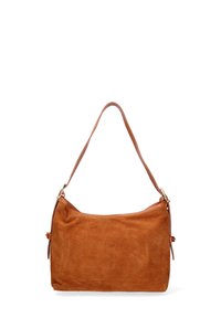 Borsa a spalla in suede di un ricco marrone, dotata di una singola tracolla in pelle, chiusura con zip e un design minimalista con sottili dettagli di cucitura.