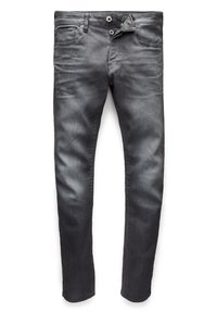 Slim-fit džíny v tmavě šedém denim. Mají klasický pětikapsový design, zapínání na knoflík a mírné opotřebení pro texturu.