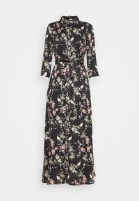 Maxi šaty s květinovým potiskem a dlouhými rukávy, vyrobené z lehkého materiálu. Mají černý základ s růžovými květy a zelenými listy, zapínání na knoflíky, pásek.