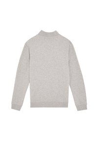 Ανοιχτό γκρι μακρυμάνικο φούτερ με ψηλό γιακά, ριμπ μανσέτες και τελείωμα, εμφανίζεται από πίσω σε λευκό φόντο.