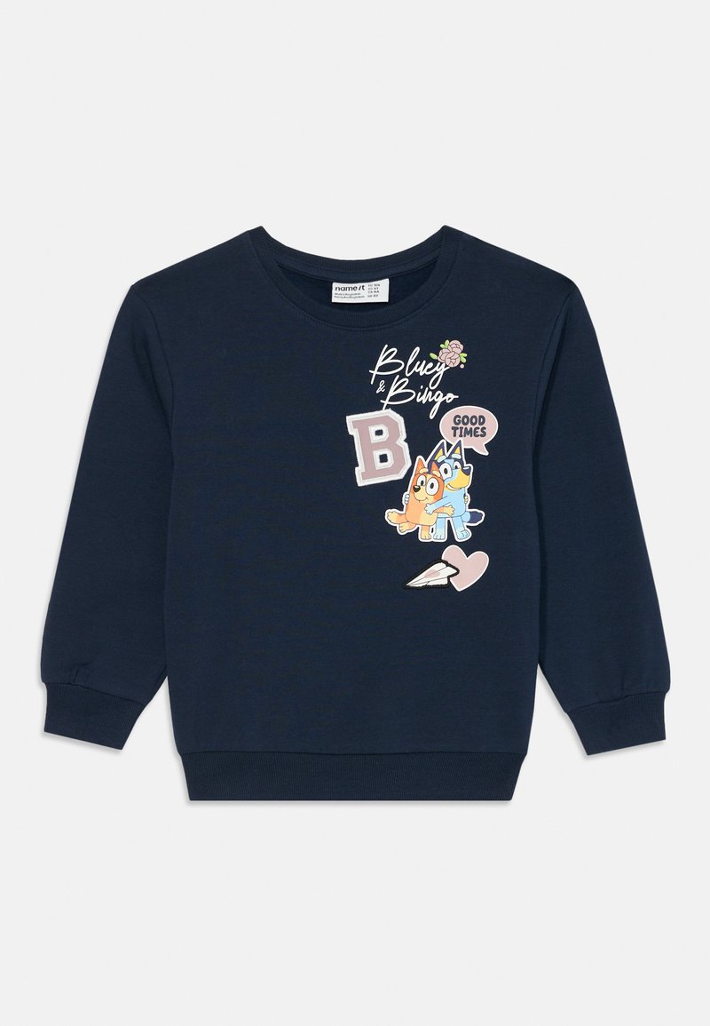 Sweatshirt azul-marinho em mistura de algodão, com estampas de personagens de desenho animado, "Bluey," "Bingo," e detalhes em texto. Gola e punhos canelados.