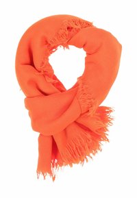 Helles oranges Schal aus einem weichen, strukturierten Stoff. Verfügt über ausgefranste Kanten und ein lockeres, drapiertes Design, das vielseitige Stylings ermöglicht.