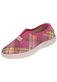Zapatillas de casa de terciopelo rosa y a cuadros con un suave forro de piel sintética, forma redondeada y suela de goma beige, con una pequeña etiqueta de marca.