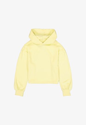 Hellgelber, kurz geschnittener Hoodie mit langen, aufgebauschten Ärmeln und gerippten Bündchen, auf weißem Hintergrund dargestellt.