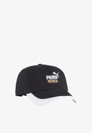 Črna kapa s ukrivljenim šiltom, belim šivanjem in sprednjim logotipom "PUMA KING" v beli in zlati barvi. Narejena iz bombažnega materiala.