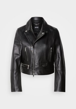 Giubbotto da biker in pelle nera con colletto, chiusura con zip e molteplici tasche. Design elegante e moderno adatto per un look casual.