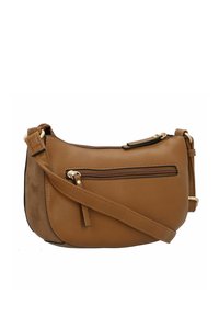 Bolso bandolera marrón con acabado de cuero y ante, que cuenta con un bolsillo frontal con cremallera, correa ajustable y acentos de hardware en tono dorado.