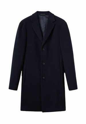 Cappotto di lana blu navy con revers a punta, cinque bottoni frontali e tasche laterali, dotato di una fodera interna liscia e una vestibilità sartoriale.