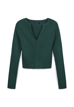 Dark green ribbed cardigan with long sleeves, deep V-neckline, and cropped design. Made of soft knit fabric with a subtle texture.