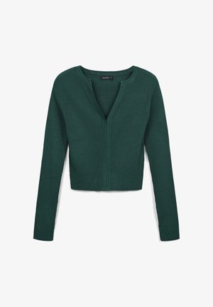 Cardigan a coste verde scuro con maniche lunghe, scollatura a V profonda e design corto. Realizzato in morbido tessuto a maglia con una leggera texture.